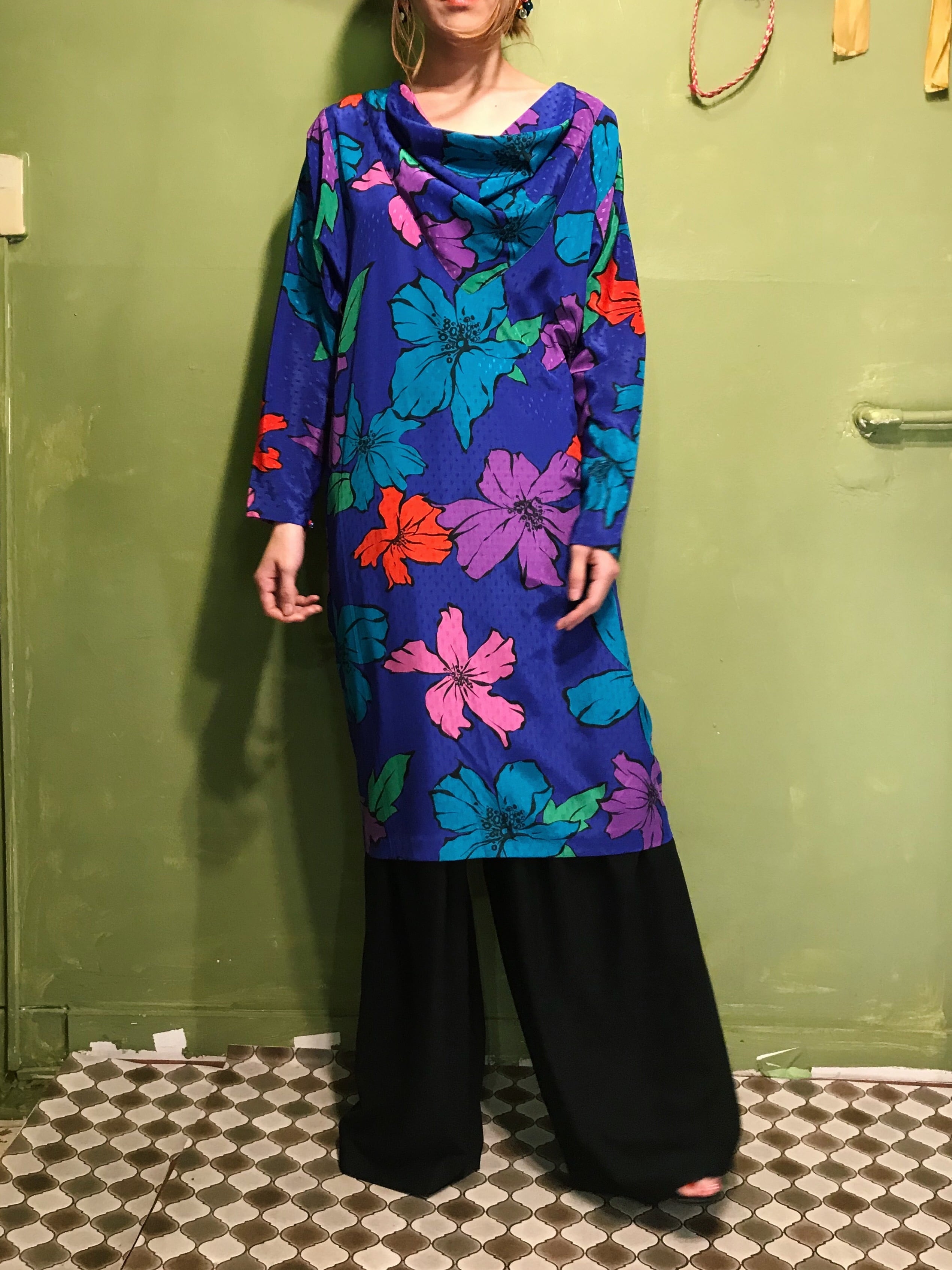 80s blue × floral poly dress ( ヴィンテージ ブルー × マルチカラー  ポリ 花柄 ワンピース )