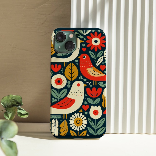 受注生産 iPhoneケース 鳥と赤い花の民芸パターン｜鳥モチーフ FMSY084A