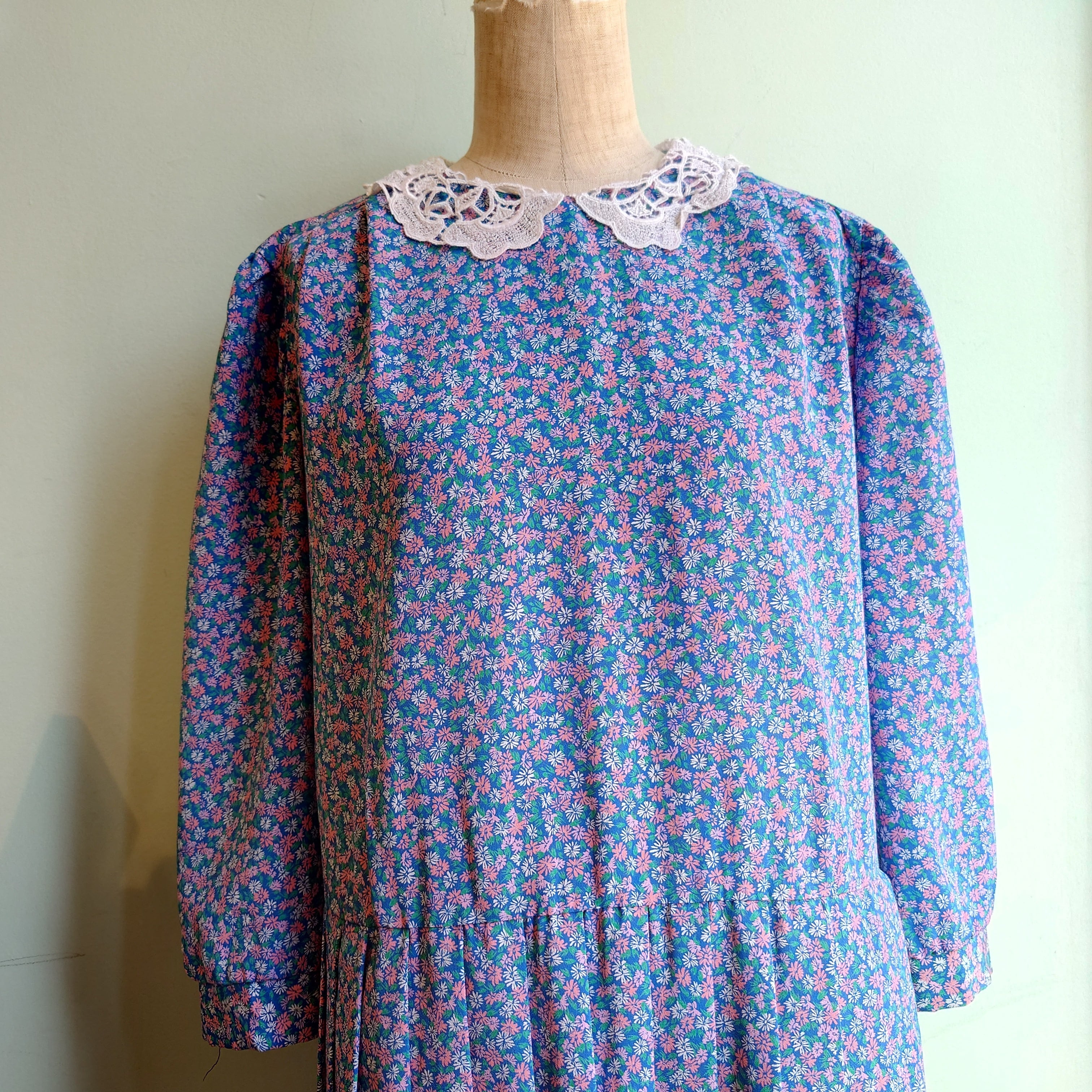 LISA PETITES 80s vintage 花柄 レース ヴィンテージドレス プリーツ