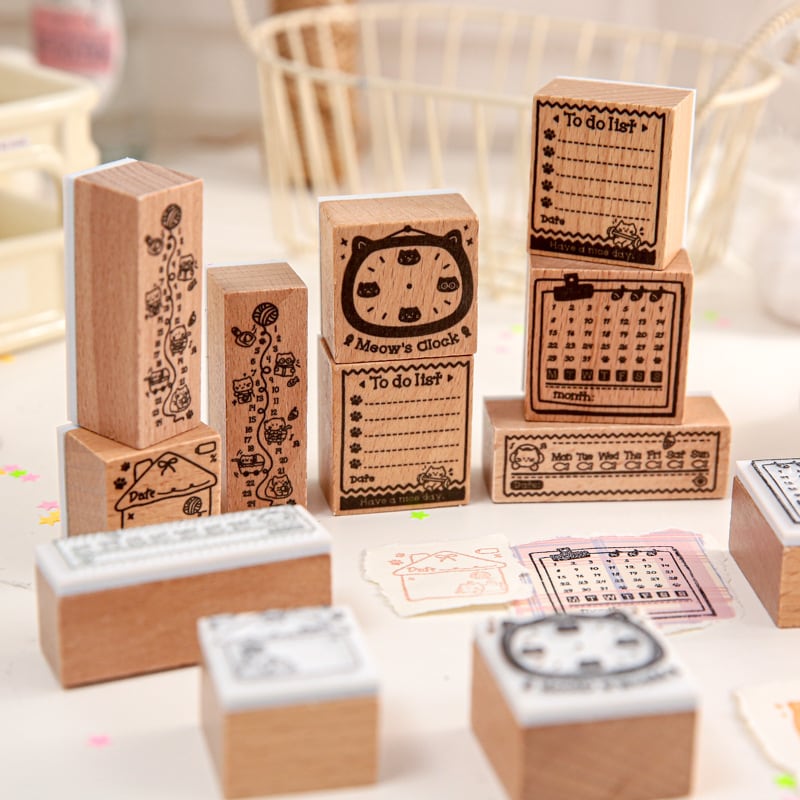 スタンプ全種セット】海外文具 猫モチーフ 木製スタンプ 手帳デコ 日付