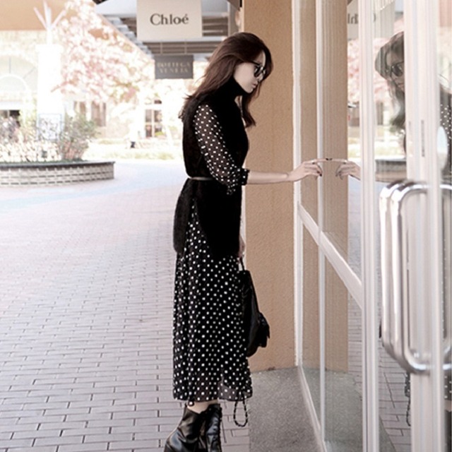 ドット柄ワンピ 水玉ワンピース レディースワンピース ワンピース 春 秋 ドットワンピース ロング ロング丈ワンピ ロングワンピース 長袖 ノーカラー Uネック ハイウエスト ワンピース ワンピ マタニティ ワンピース 切り替えワンピース 大人かわいい 定番 Op0853