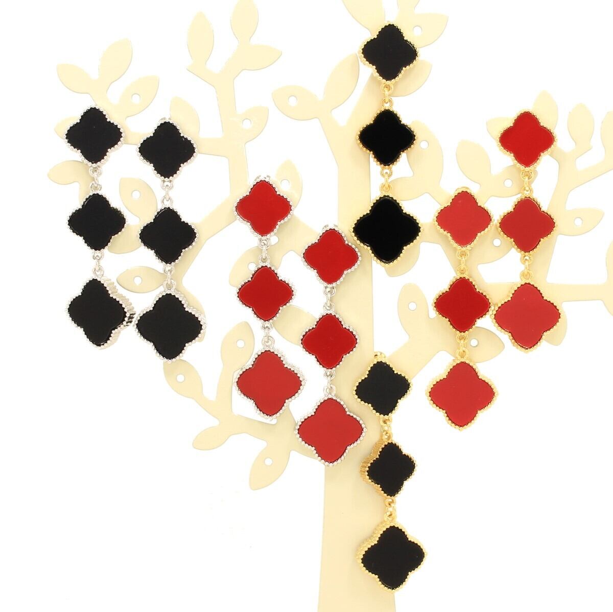 ミル黄金花 3連イヤリング 3花 オニキスカラー 黒 レッド 赤 ロングピアス ゆらゆら クローバー フラワーモチーフ レディース  PerlaFiore ペルラフィオーレ