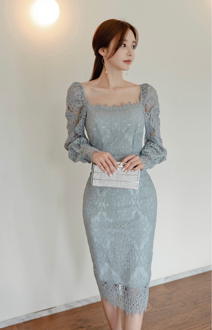 送料無料 くすみブルー総レースワンピース くすみ ブルー 総レース ワンピース お呼ばれ 結婚式 ドレス 上品 優雅 エレガント レディース おしゃれ ファッション Glavie