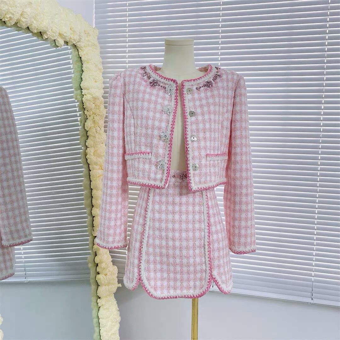 セットアップ】チェック ピンク お嬢様 セットアップ ピンク 白