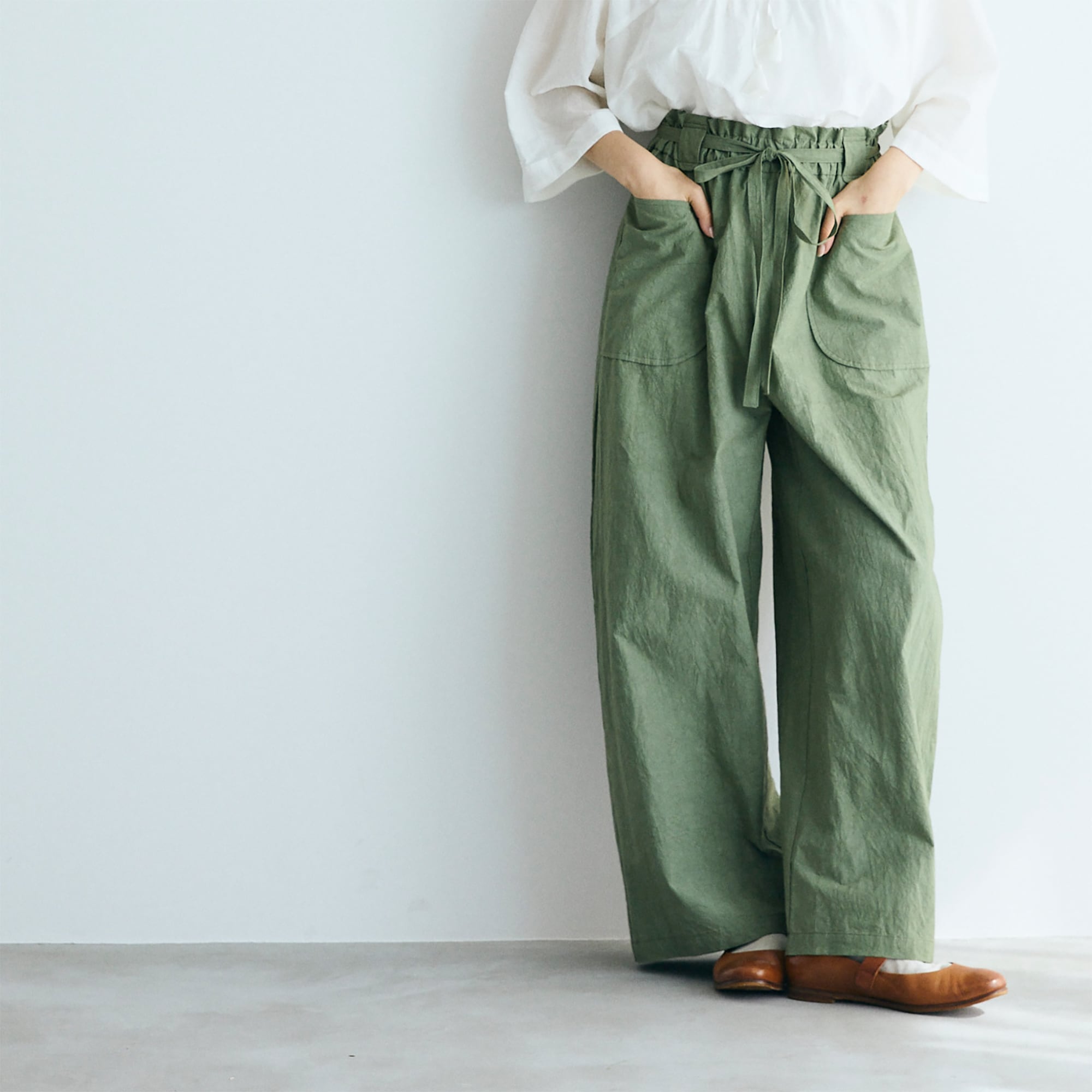 MAGALI コットンリネンファナージュロングパンツ/カーキ | tenori