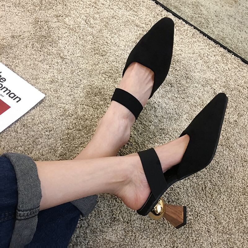 包頭ハーフスリッパ女性のアウターウェア2020新しい春の野生の厚いヒールのハイヒールミュラーシューズは、つま先のサンダルのトレンドを指摘しました フェイクシューズ94638161474