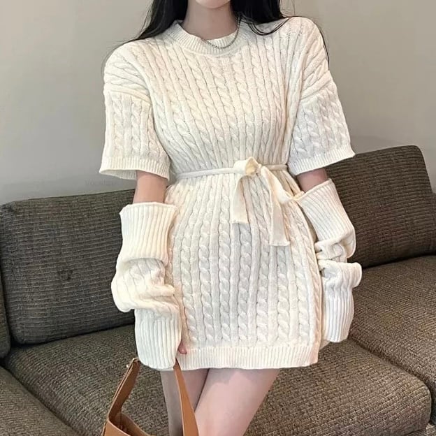 アームウォーマーつきリボンベルトニットワンピース | espoir