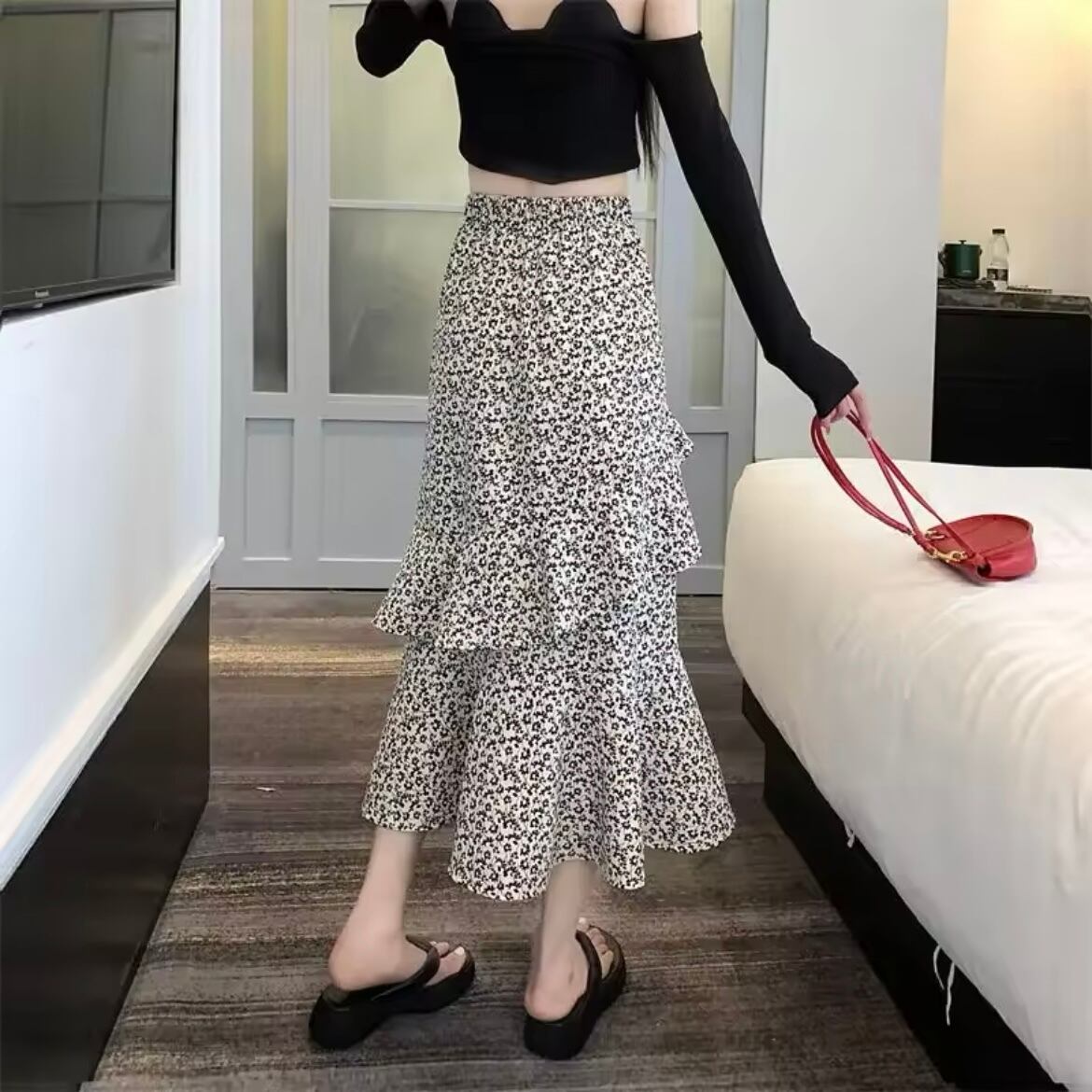 フリルフラワースリットスカート