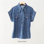 TRUBE フロントリボンフレンチスリーブデニムシャツ【M~L】デニムブルー