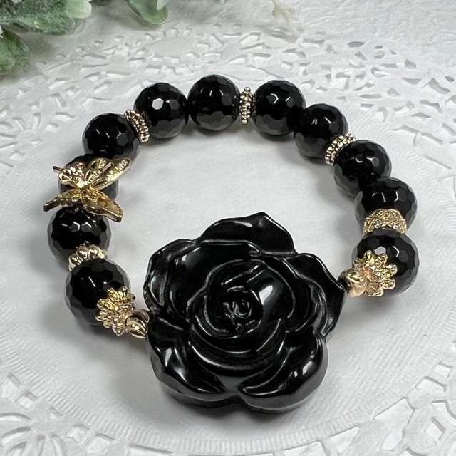 【オブシディアン バラ デザインブレスレット】︎︎︎︎❤︎送料無料❤︎天然石 パワーストーン