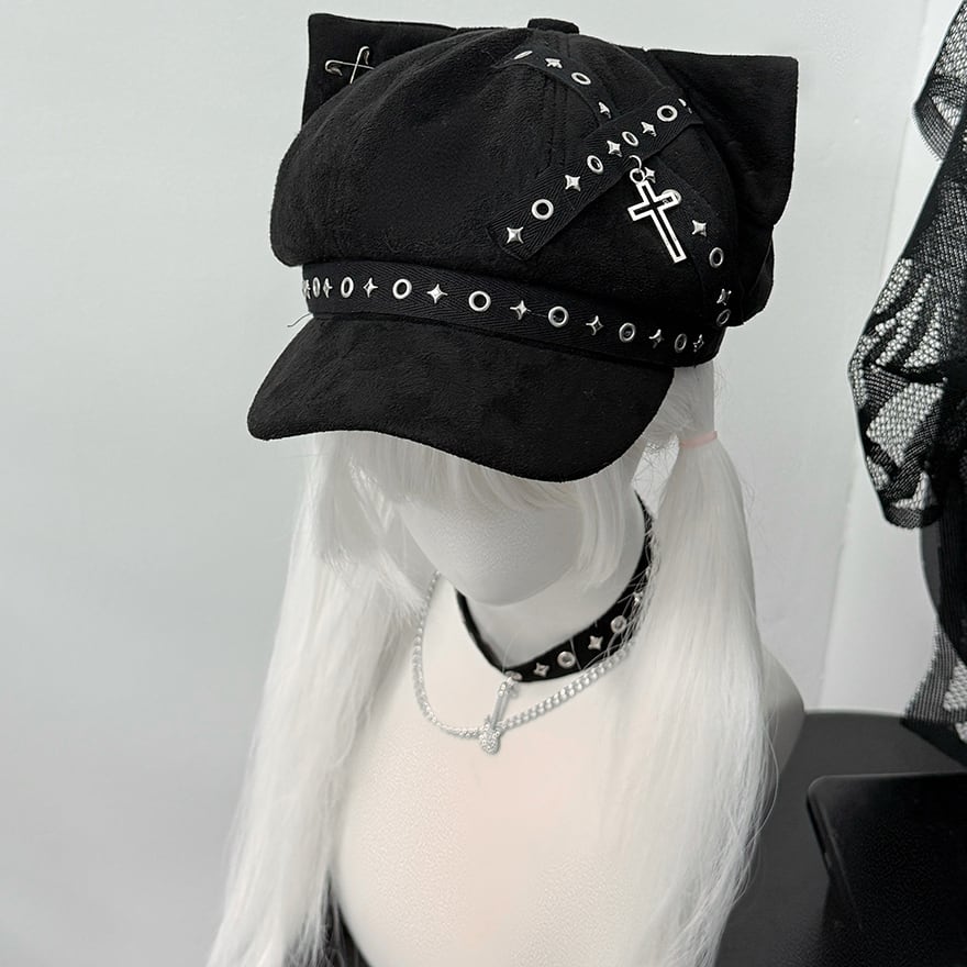 地雷系 パンク ネコ耳帽 ストラップ スタッズ