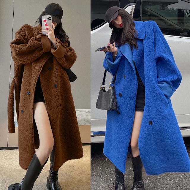 ロングコート レディース アウターウエストベルト ブルー/ブラウン