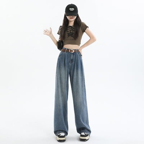 かっこいい！スラックスパンツ2025春 しわだらけのワイドパンツ デニムパンツ おしゃれ ハイウエストゆったり見えやせ パンツ レディース