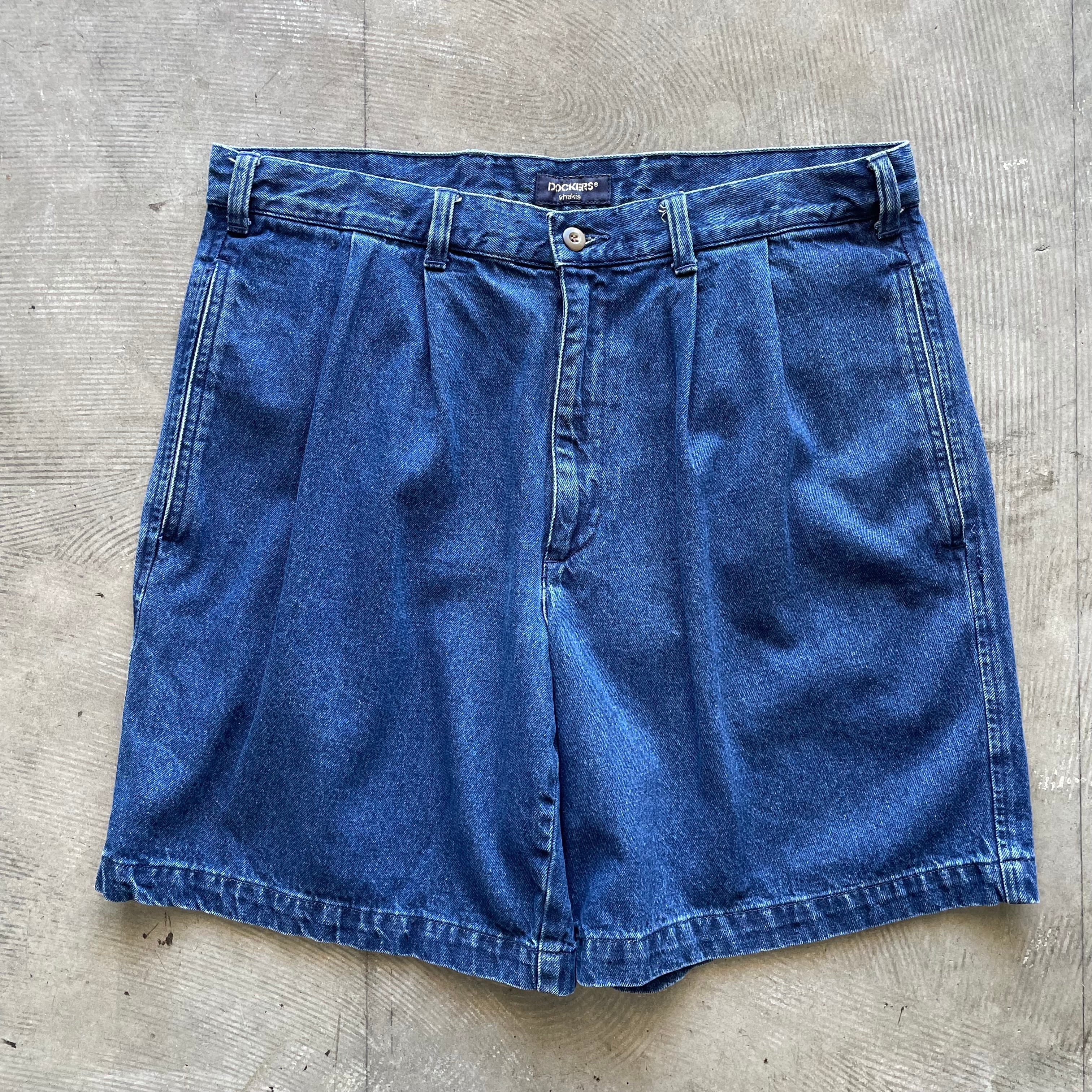 90s USA製 SOLO SEMORE デニムショーツ 34 濃紺 バギーショーツ ワイド