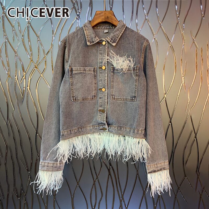 CHICEVERパッチワークTelDenimレディースジャケットラペルカラー長袖ルーズコート2020ストリートウェア ロング 6base579708932348