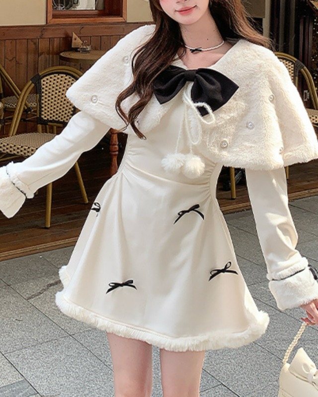 ブラックリボンファーケープ＆ワンピースセット　25W08176