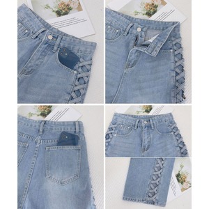 サイドレースアップ デニム パンツ レディース 韓国 ジーンズ 大人 カジュアル 肌見せ 美脚 おしゃれ 原宿系 ストリート ハイウエスト ブルー 大人可愛い 大人女子