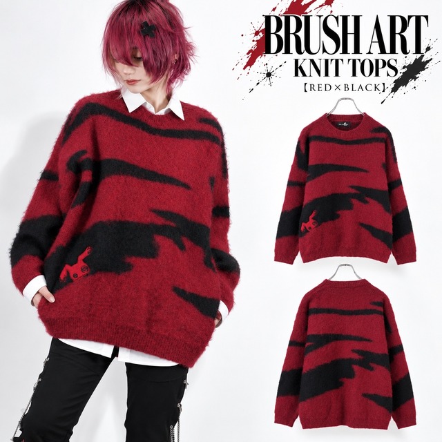 BRUSH ART KNIT TOPS【RED×BLACK】