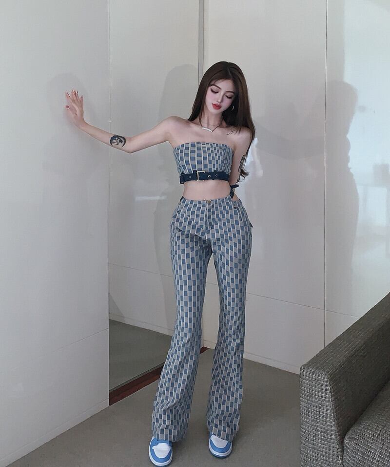 スタンダードスタイル薄手格子柄カジュアルパンツ ワイドレッグハイウェストウェストスリム レッド レトロ ワイドパンツ ガールズファッション96092736143