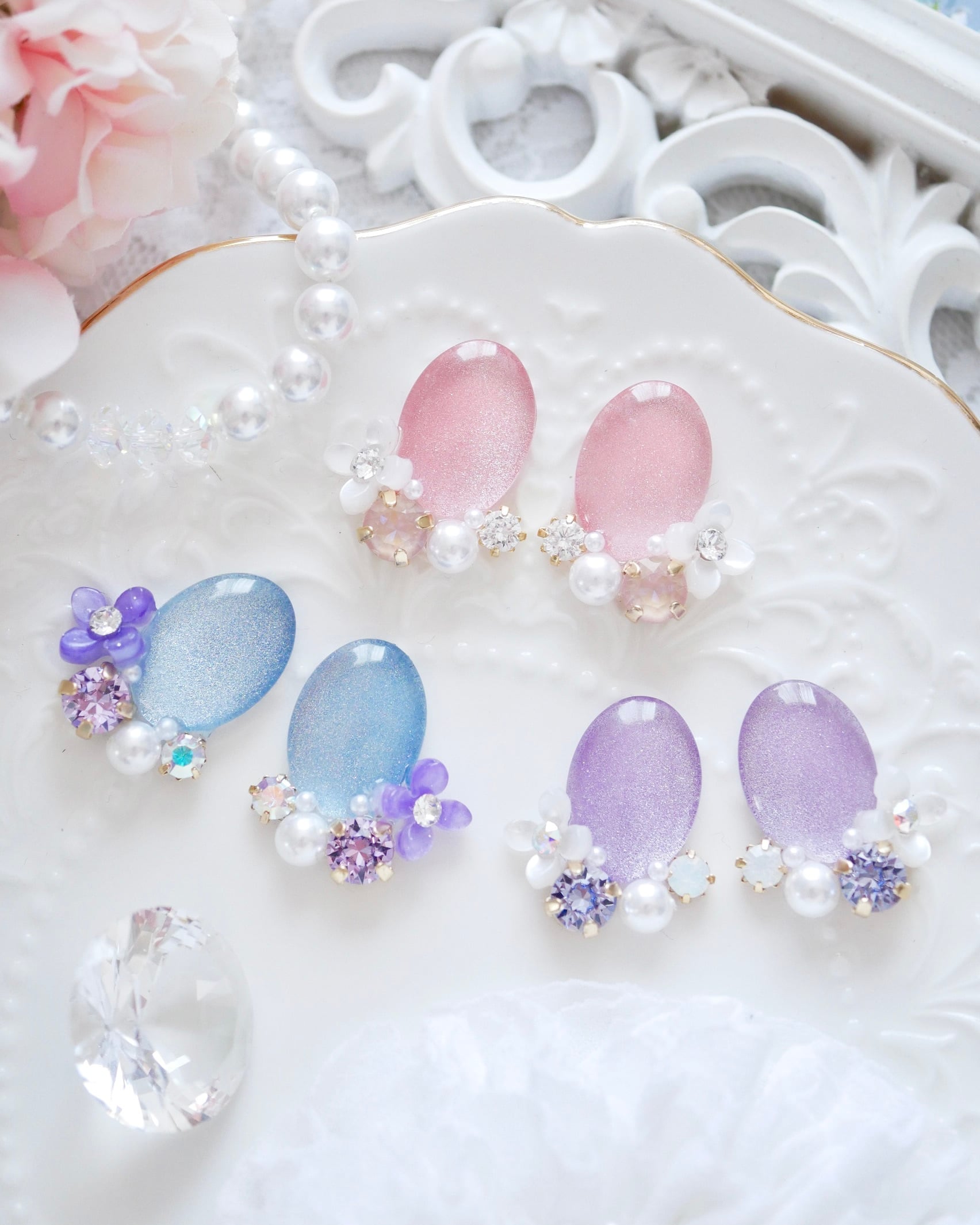 8503 ジュエルオーバル紫陽花ビジューピアス/イヤリング