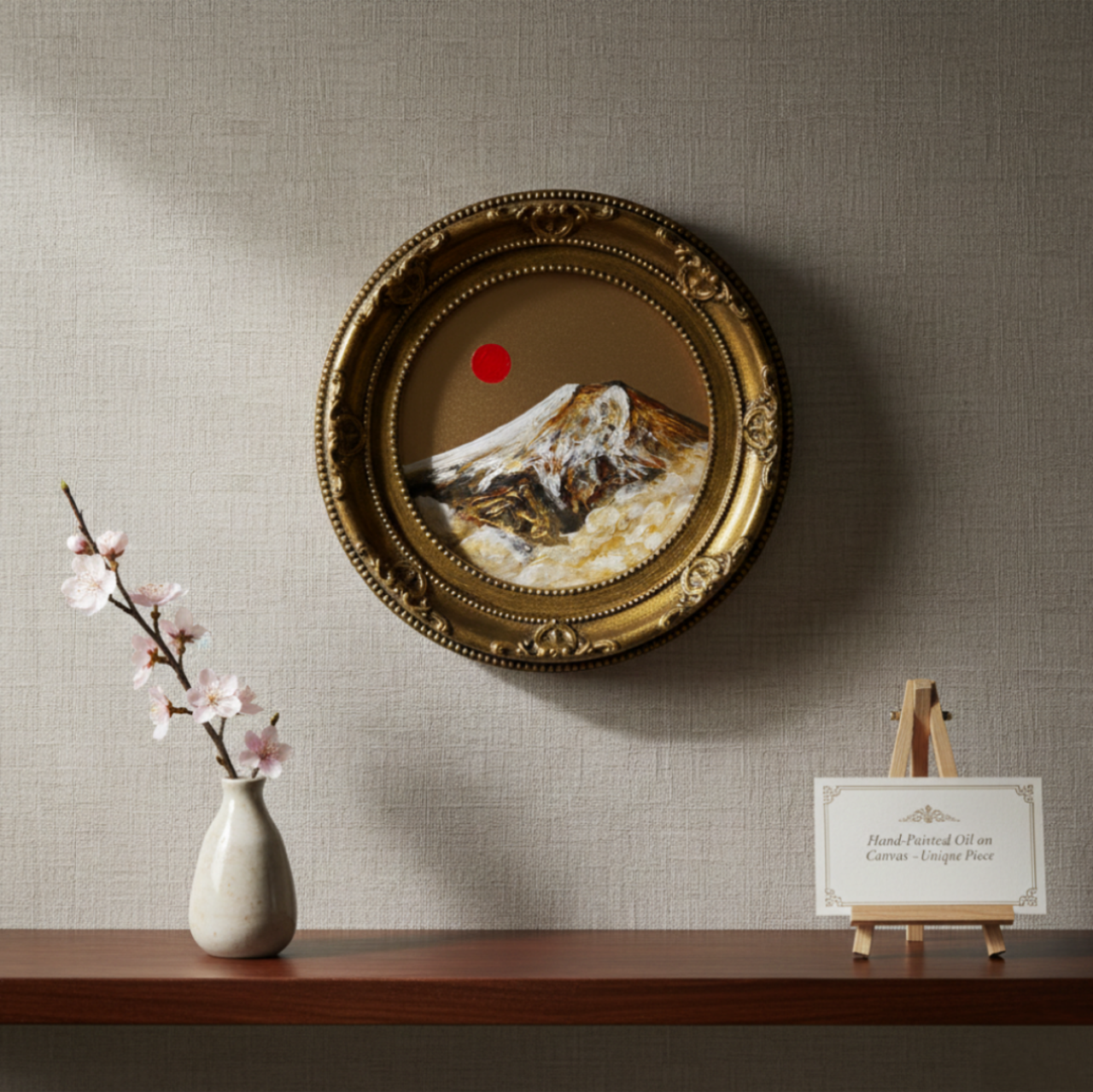 油絵 油彩 油彩画 絵 絵画 ミニ絵画【黄金富士山】 油絵 油彩 円形ミニ絵画「黄金富士山」絵画 油彩画 インテリア 風景画