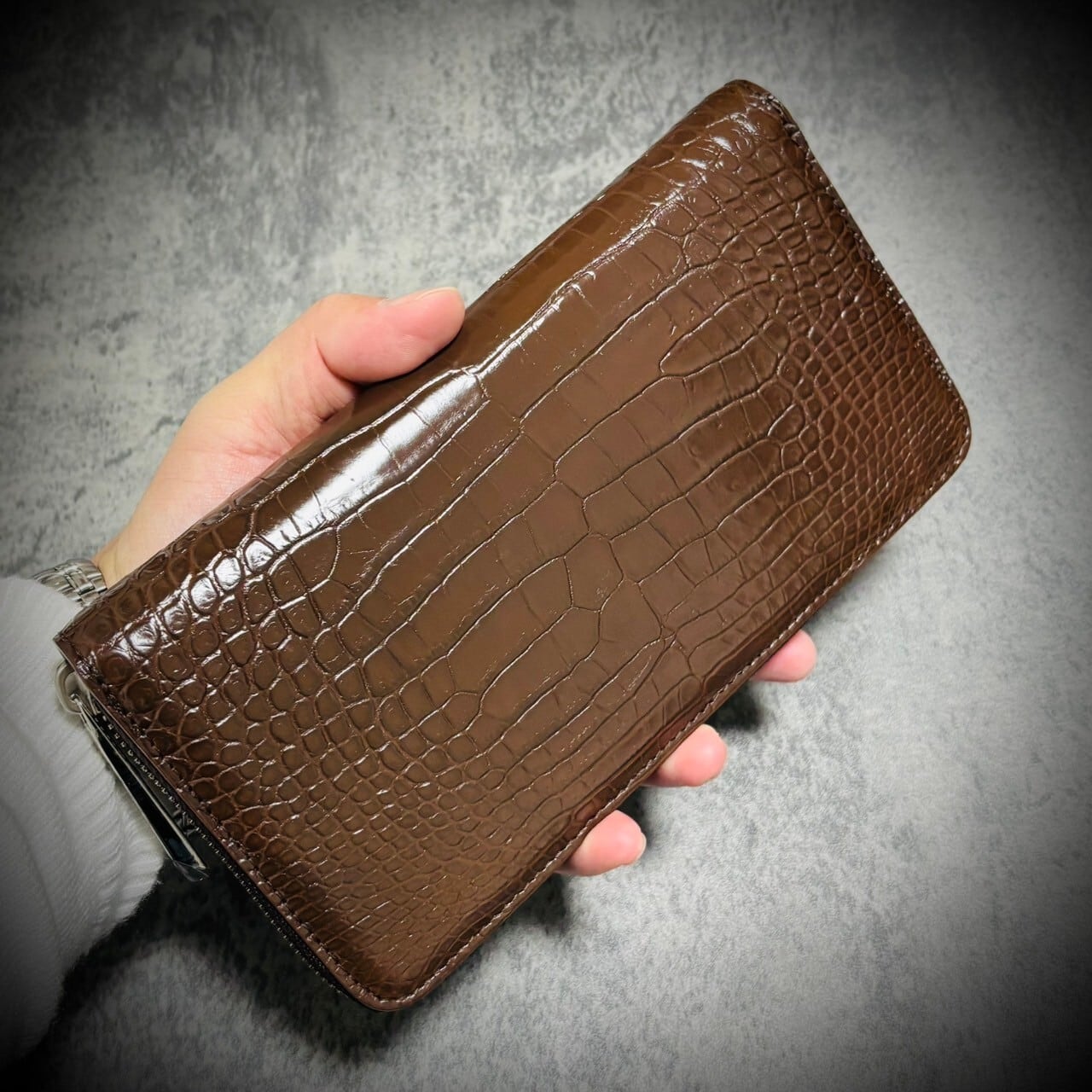 クロコダイル 長財布 ギャルソン ブラウン 茶 腹部 一枚革 センター