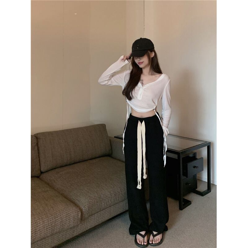 パンツ 薄手ルーズハイウェストウェストオータムブラック 秋物 YY-ファッション78175871600