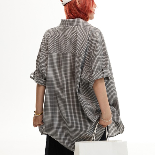 simple checkered short-sleeved shirt　カラーシンプルチェック柄半袖シャツ　J1789