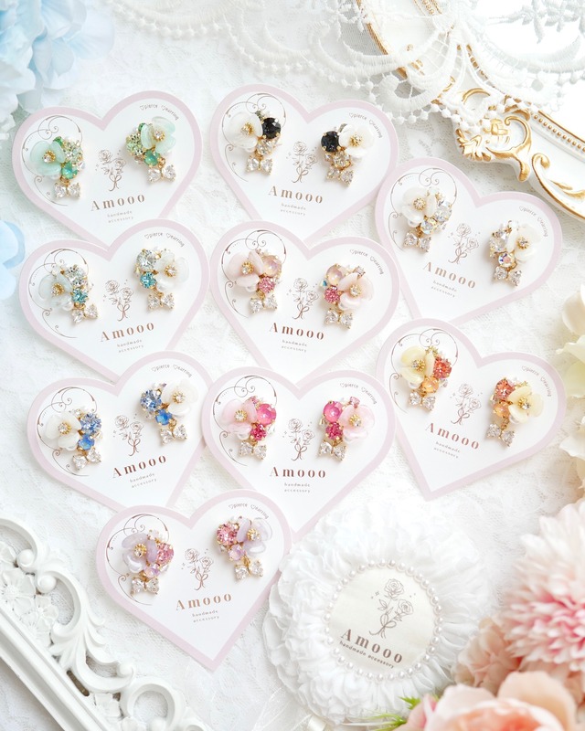 612 カラフルブルームビジューハートリボンピアス/イヤリング