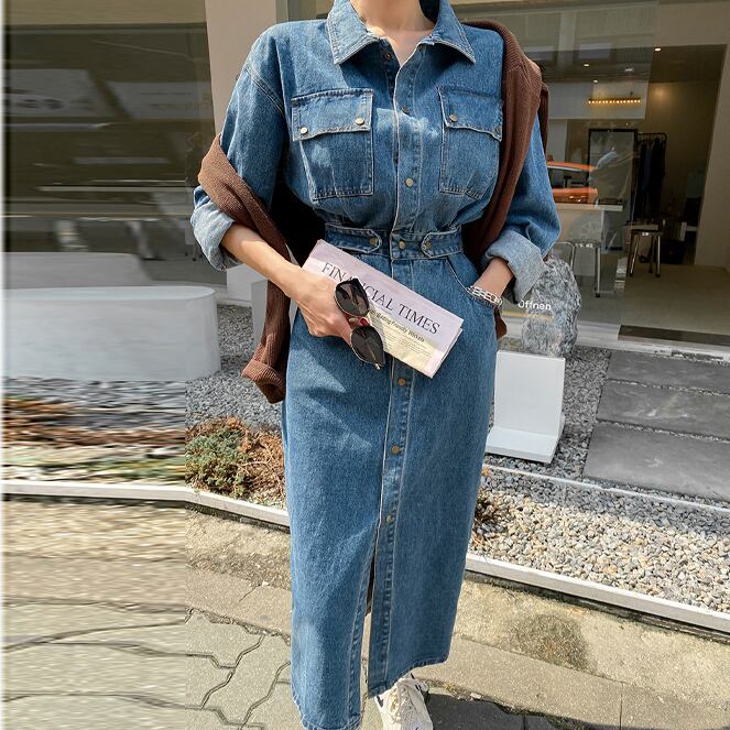 ワンピース レディース デニムワンピース シャツワンピース 長袖 膝丈 襟付き カラー デニム かわいい 大人可愛い きれいめ シンプル カジュアル おしゃれ お洒落 こなれ感 ラフ キュート フェミニン 送料無料 無地 春 夏 秋 冬 10代 20代 30代 40代 学生 通学 デート お出かけ 女子会 休日 着回し 普段使い 重ね着 韓国 韓国系 ファッション コーデ 体型カバー インスタ映え S M L XL 青 ブルー インディゴ デニム生地 お散歩 空旅 トラベル 合コン ランチ