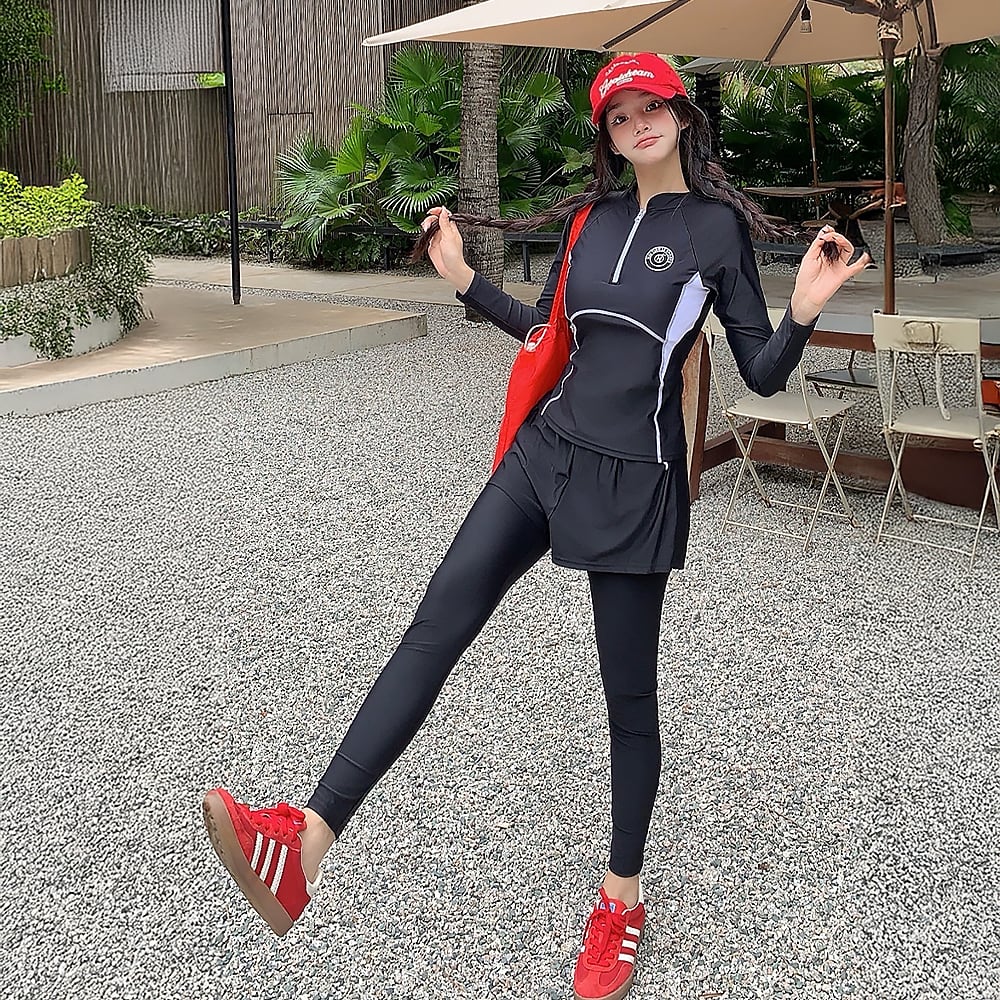 水着 長袖 ライン入り オーバーショートパンツ付きロングパンツ ハーフ