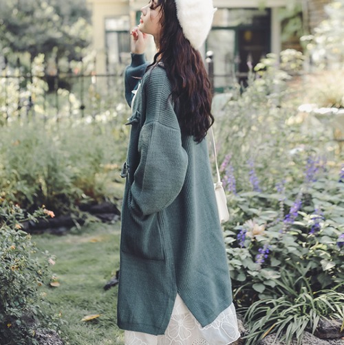 ニットカーディガン レディース カーディガン ミドル丈 羽織 ライトアウター ポケット リブニット ダークグリーン 緑 シンプル 無地 カジュアル お出掛け おしゃれ ノーカラー ゆったり ニット