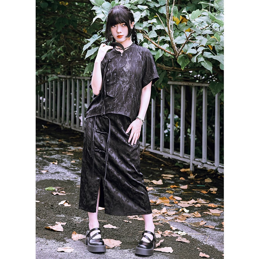 サブカル 服 地雷系 通販 チャイナ風服 チャイナ風服 古怪舎 タイトスカート スリム スリット 花柄 闇かわいい