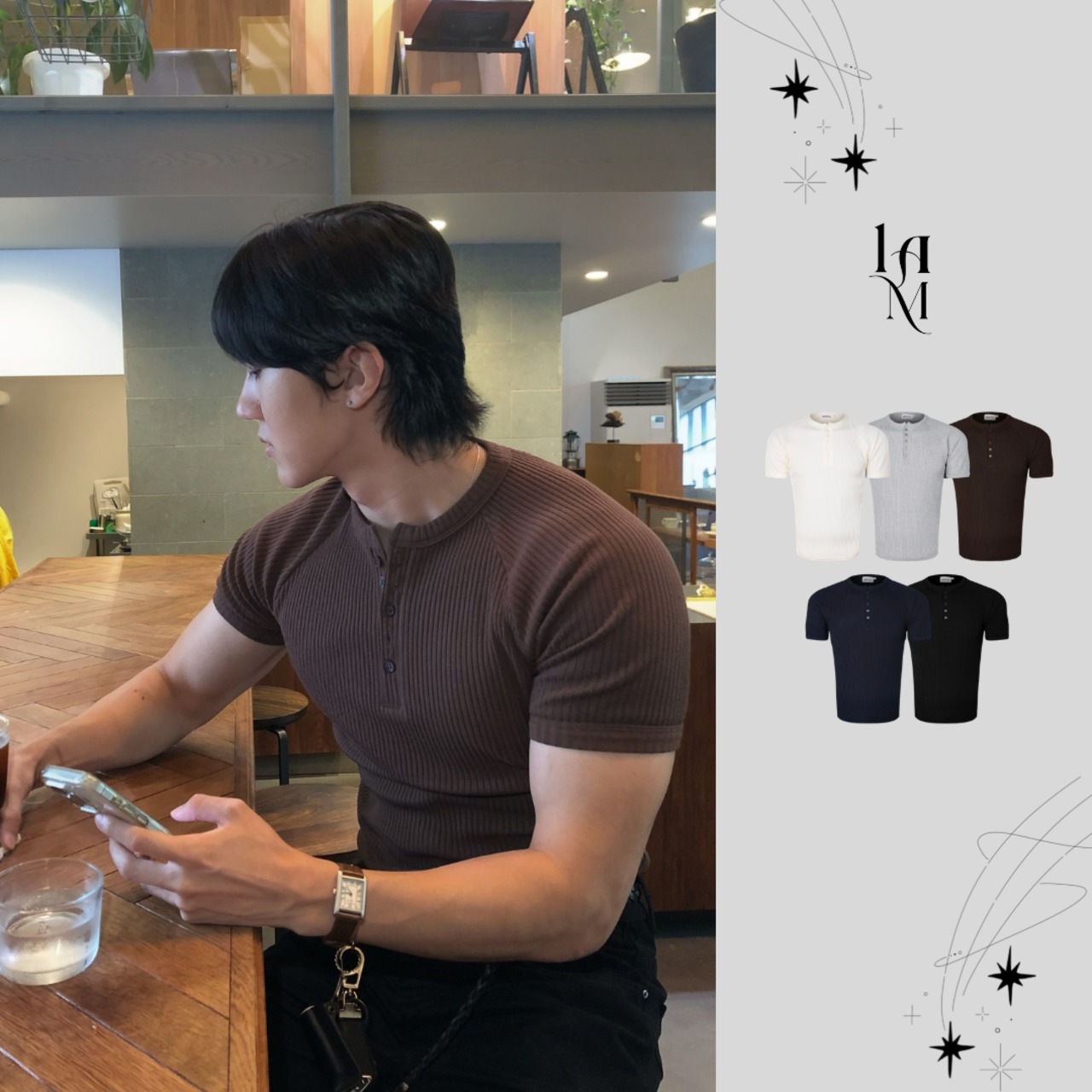 【MuscleFit】Ribbed Raglan Henley Neck Tee (5color) - 1