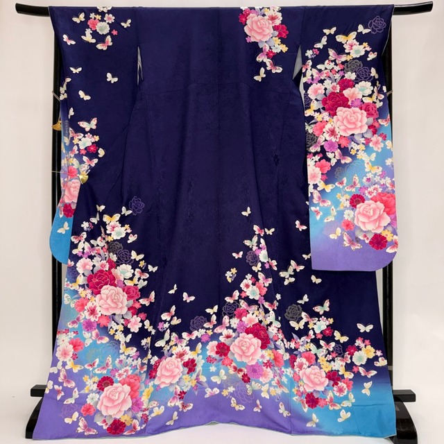 振袖 中古 青 紺 正絹 古典 裄69cm 身丈173cm 美品 L サイズ 成人式 6188