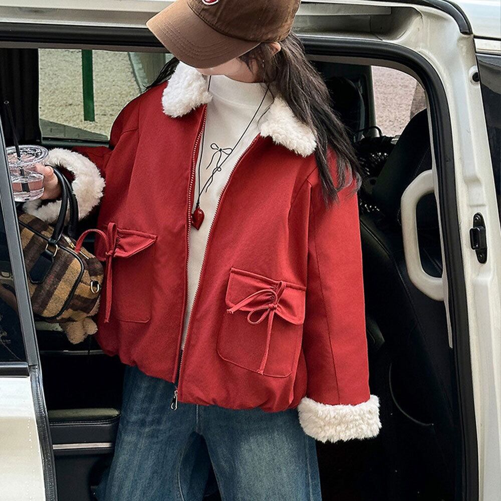 【送料無料】 子供服 女の子 アウター ファーカラー ジャケット 秋冬 韓国 防寒 保温 暖かい 小学生 おしゃれ カジュアル リボンポケット かわいい 大人可愛い 大人女子