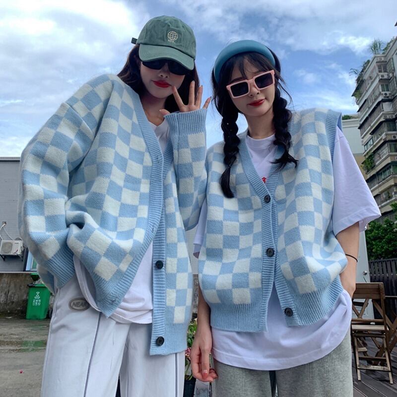格子柄セーター コート スプリングオータムスタンダードルーズVネックニットカーディガン レトロ 春物 秋物 萌量不足72907436591