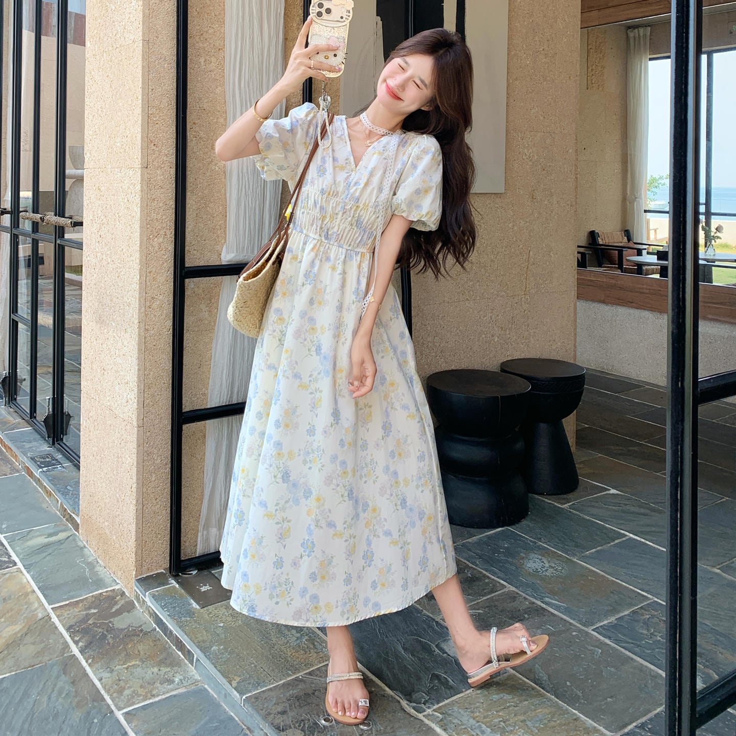 DEICY伊勢丹限定ベルフラワーシャインドレス free size 148cm〜 Vネックフローラルベルフラワーティーブレイクドレス | kanaji