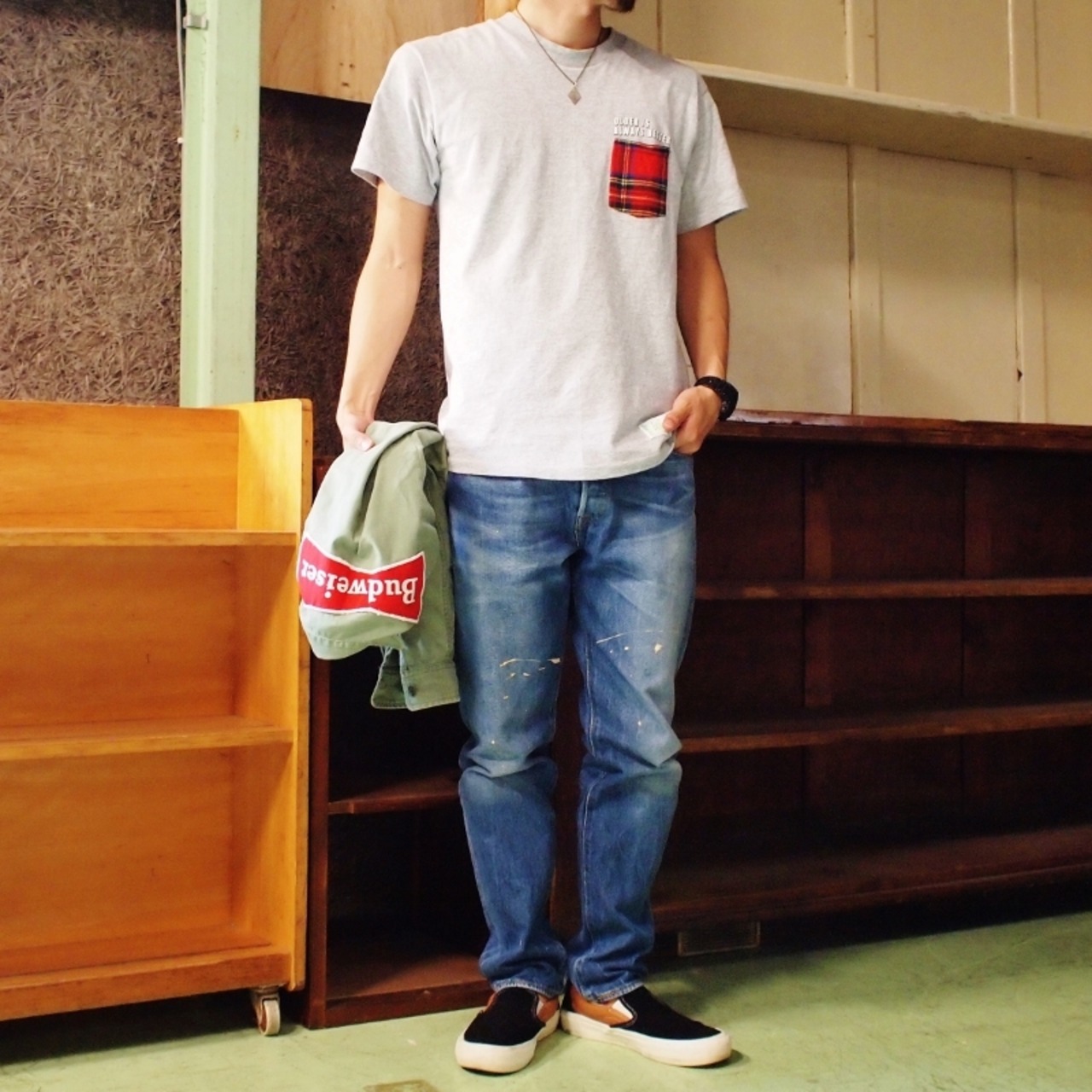 【LOST AND FOUND】"Bean Check" Remake Pocket T-shirt (Heather Grey)