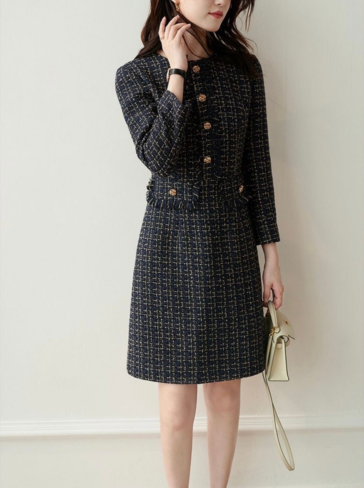 ネイビー系ツイード長袖ひざ丈ワンピース セール】 ロングスラブツイード マテリアルコンビワンピース （ミニ丈