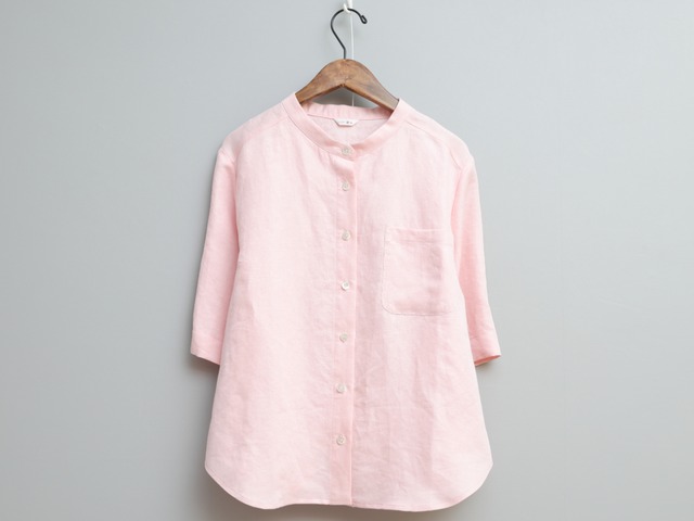 綿ヘンプサテンのスタンド半袖シャツ　COL/ピンク
