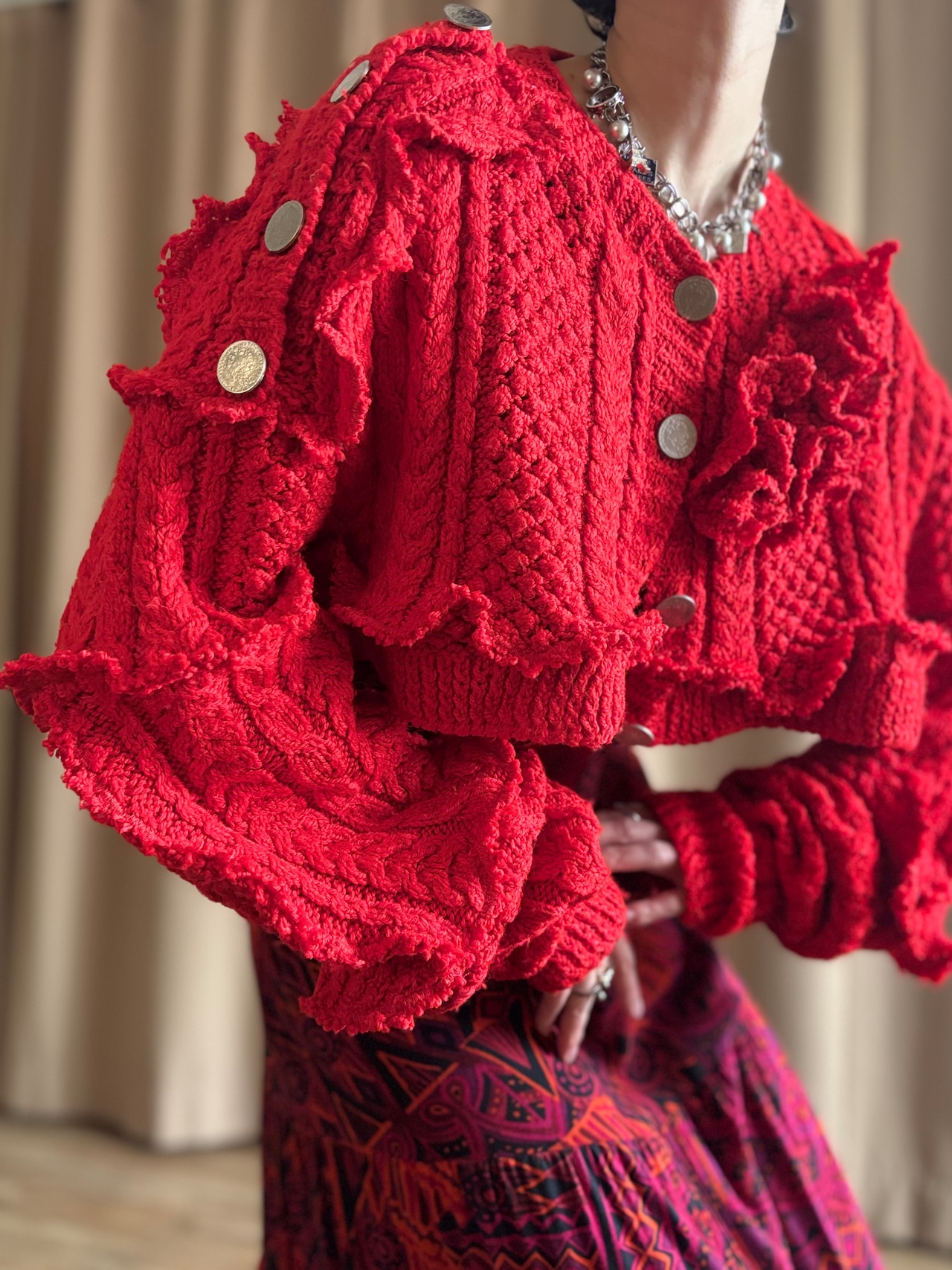 red color frill remake knit cardigan-5151-2