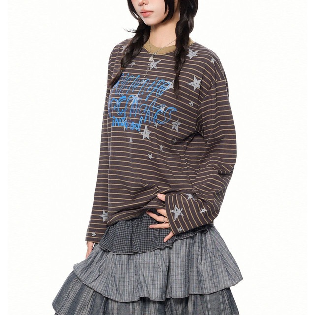 スターピンストライプレタリングロングスリーブTシャツ 2col   R02565