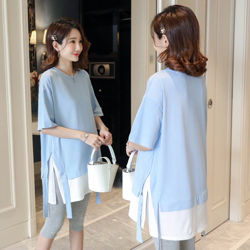 【新作】【送料無料】 マタニティドレスマタニティウェア綿パッチワーク半袖ドレスマタニティドレストップママ コットン AL expec322120471091