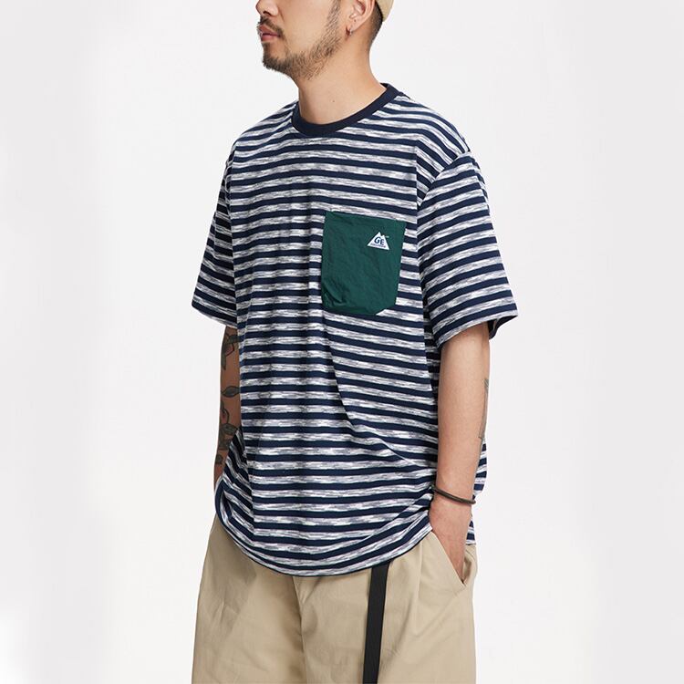 ★COLLAR POCKET ROUND NECK STRIPED T　　　A0637