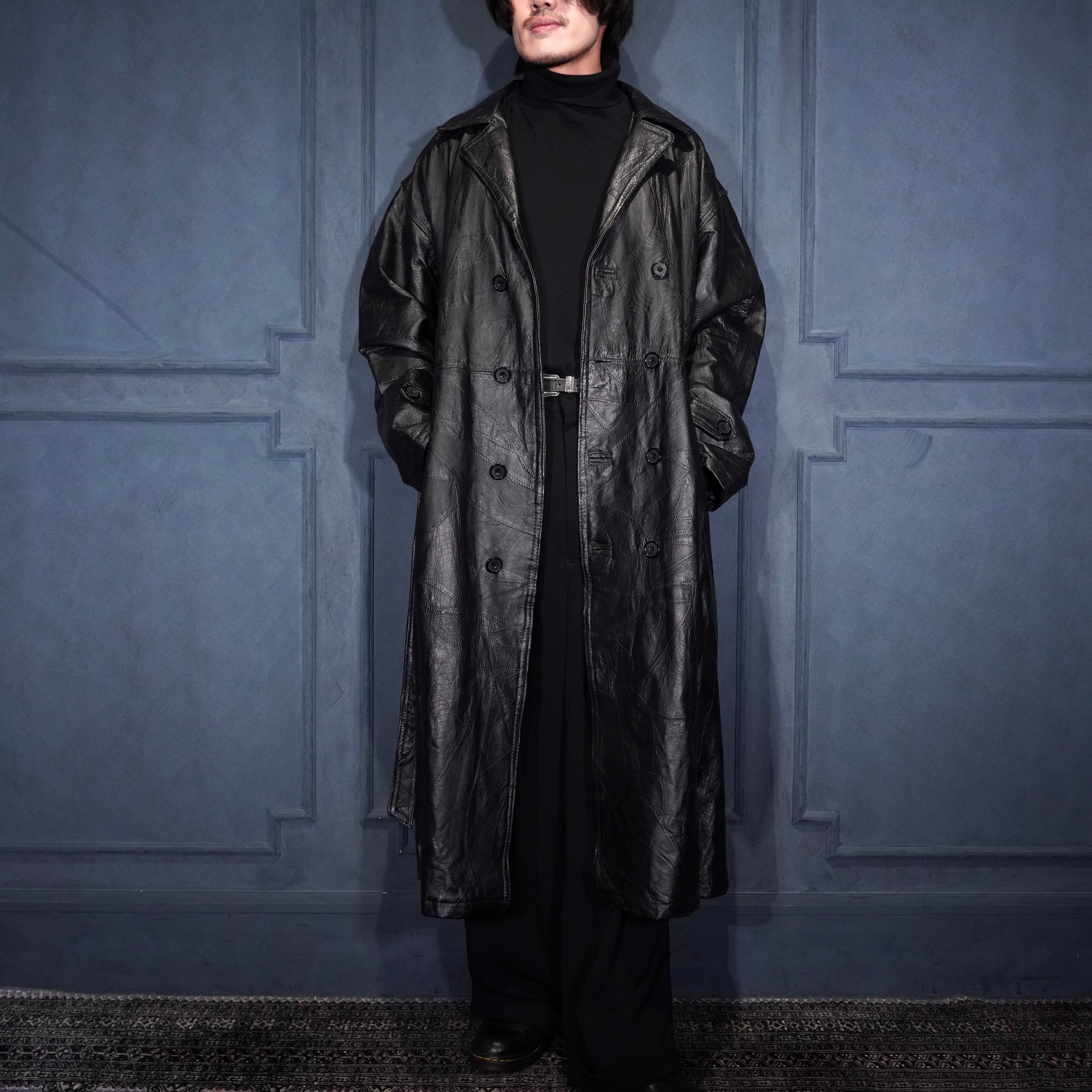 USA VINTAGE EMBROIDERY PATCHWORK DESIGN BELTED LEATHER TRENCH COAT