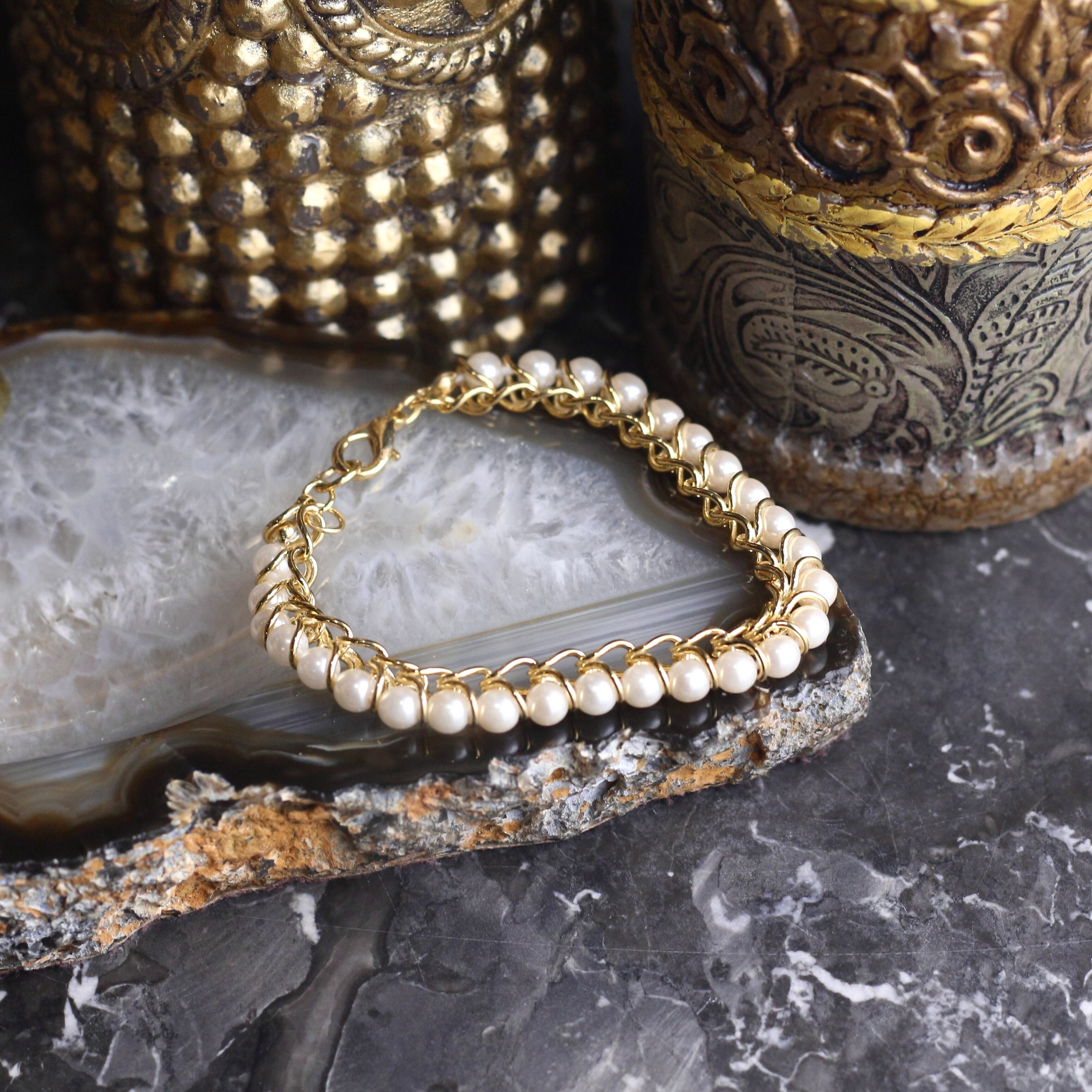 USA VINTAGE PEARL DESIGN GOLD CHAIN BRACELET/アメリカ古着パール