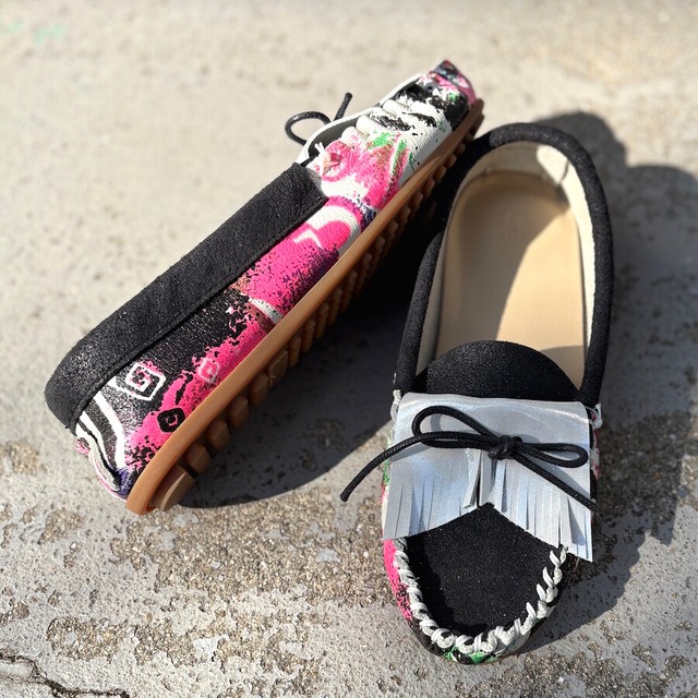 サイケデリック柄・フリンジモカシンシューズ・スリッポン・ローファー・オフシーン　MADE IN JAPAN