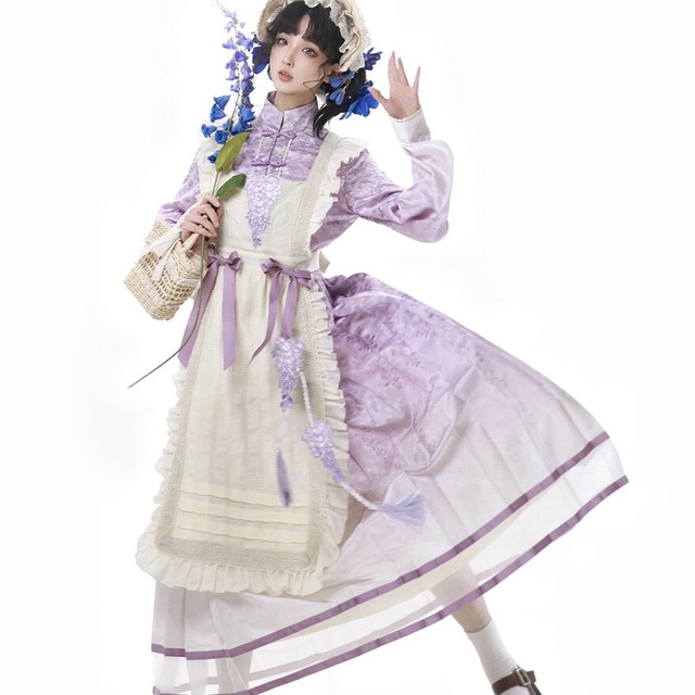 メイド服 レトロ 藤花 エプロン付き 中華ロリィタ クラシカル ロングドレス コンカフェ メイドカフェ衣装