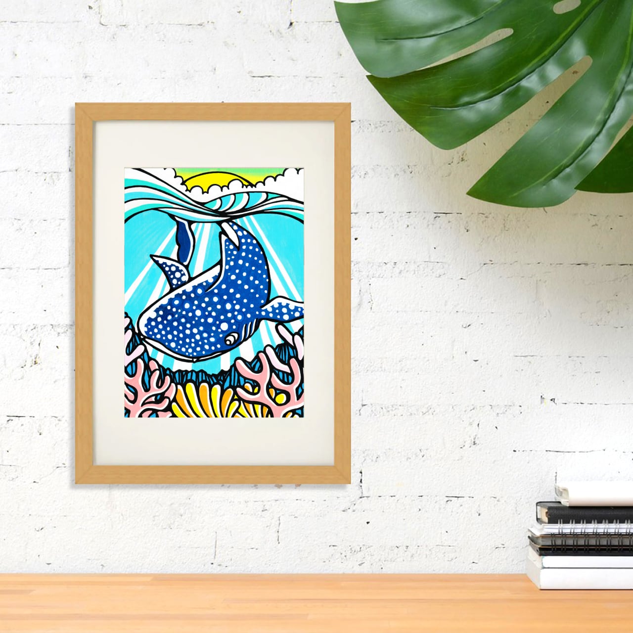 原画】Wood Panel A4（Sunshine Whale Shark）with Frame | TAMO ART